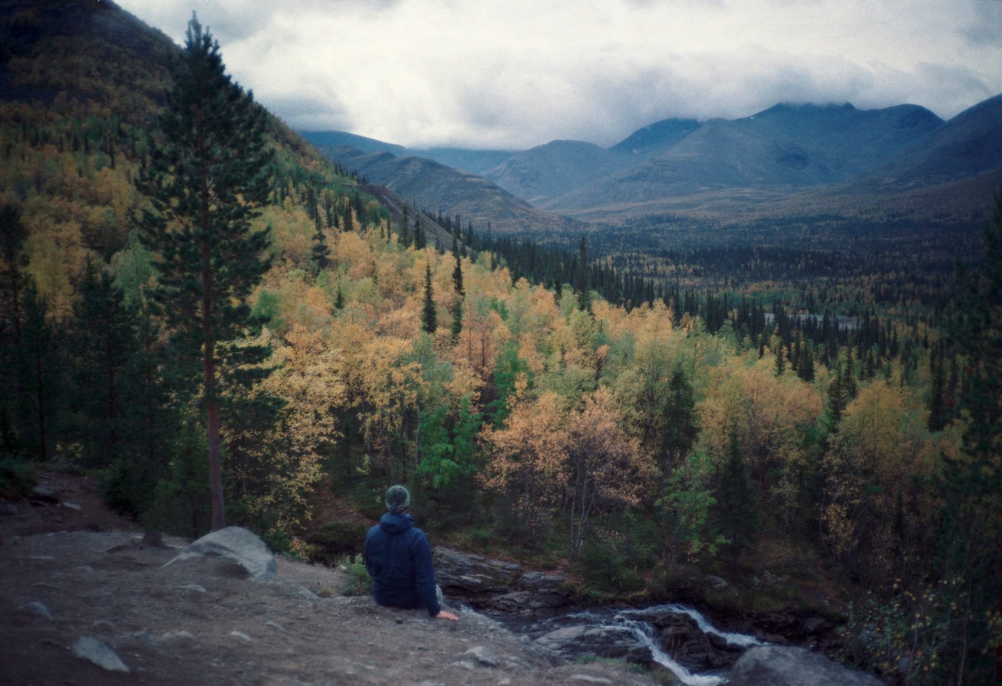 A person sitting on a rocky outcrop overlooking a forested valley with autumn foliage and misty mountains in the background.