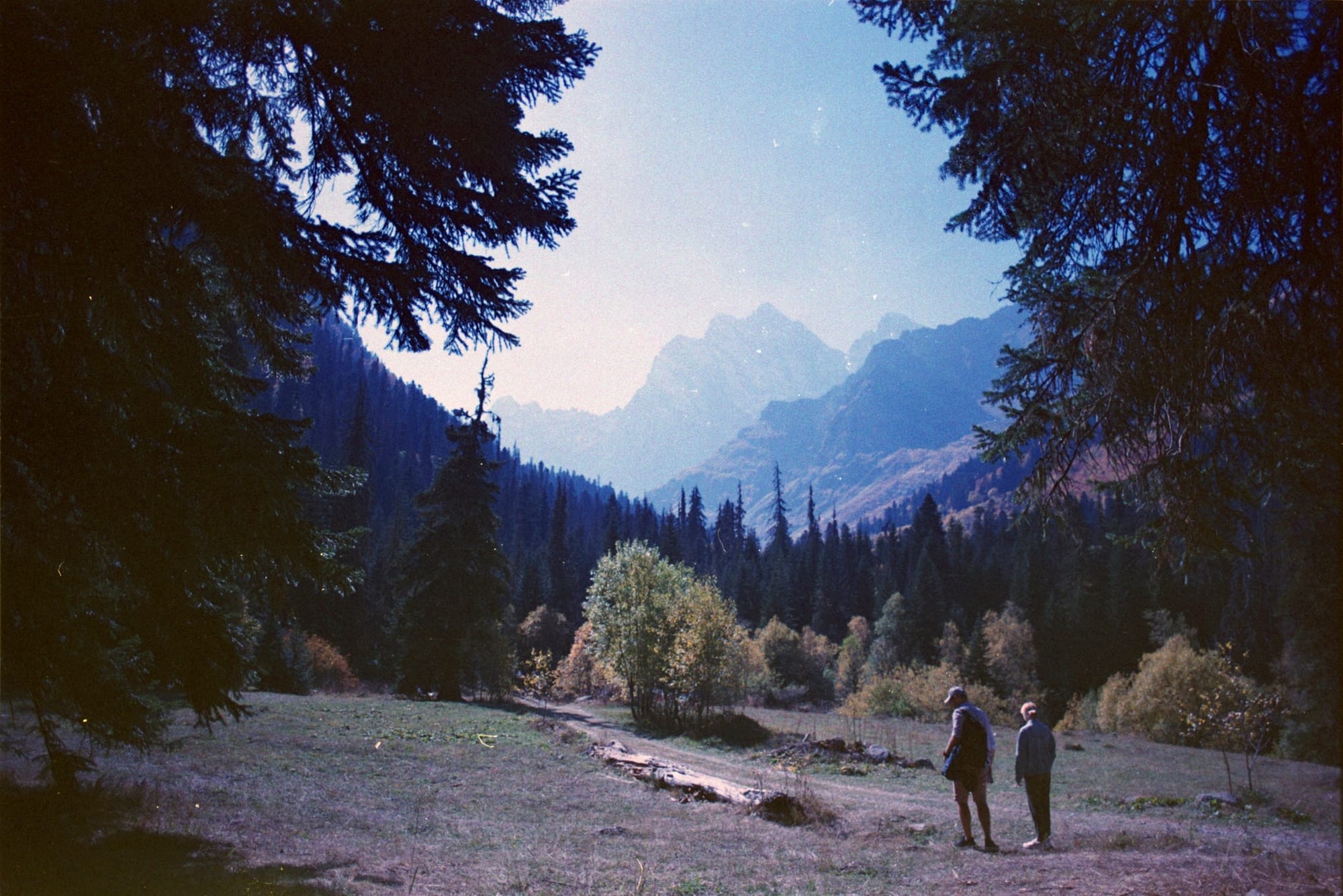 Two people standing on a dirt path in a forested area with tall evergreen trees, surrounded by autumn foliage and distant misty mountains under a clear sky.