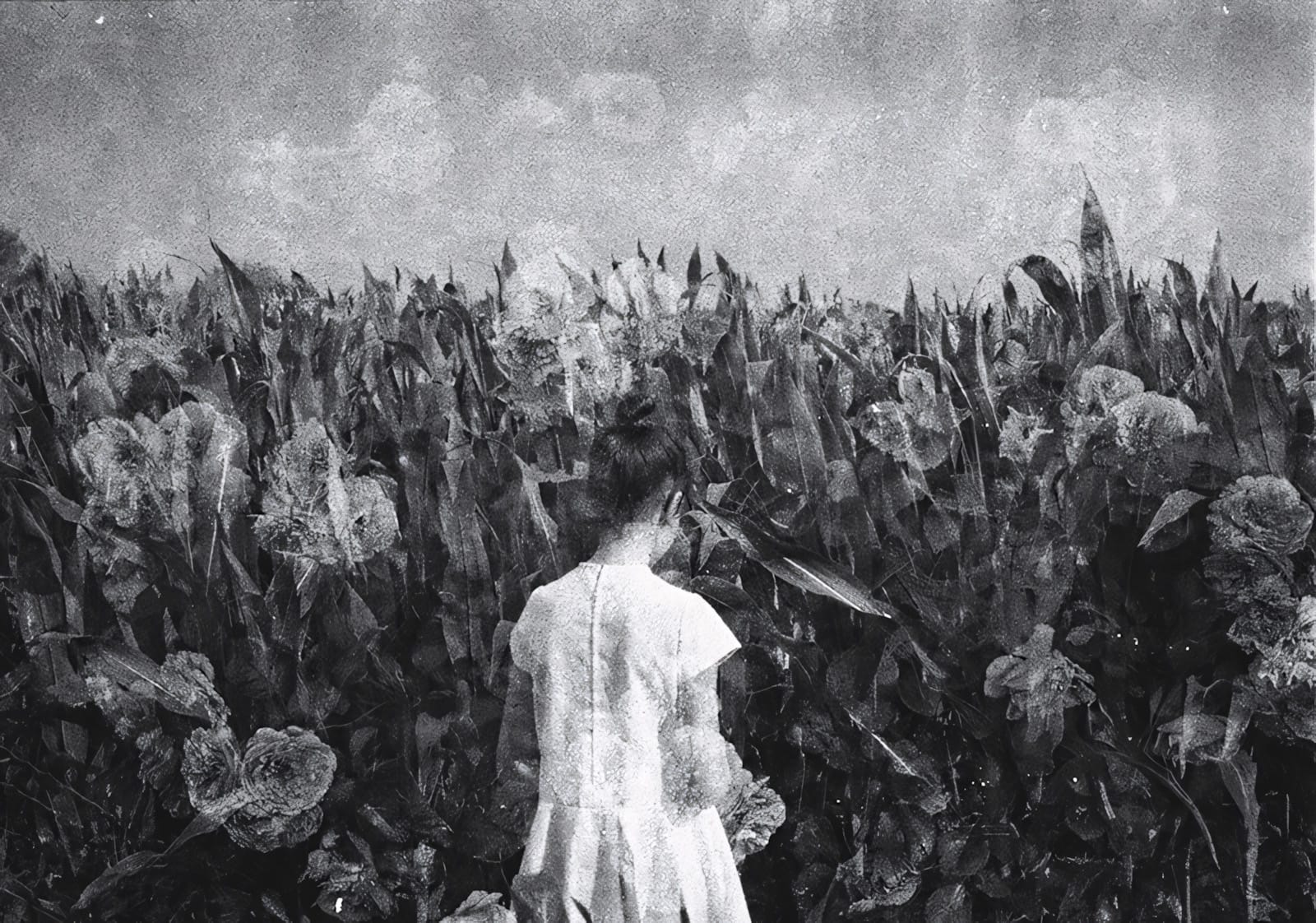 Girl in field of flowers, seen from behind, grainy texture.