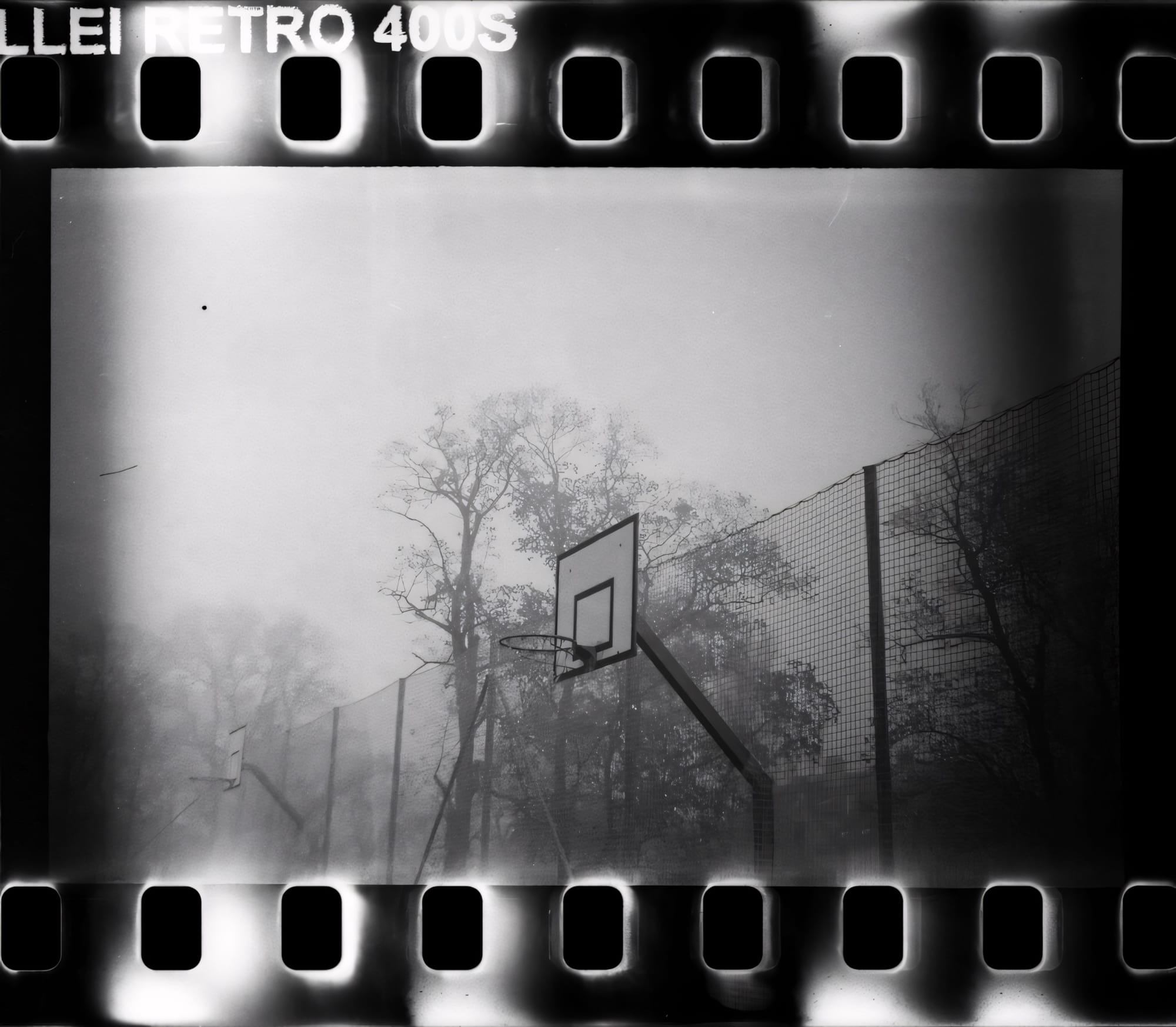 Black and white photo of a basketball hoop in a misty setting.