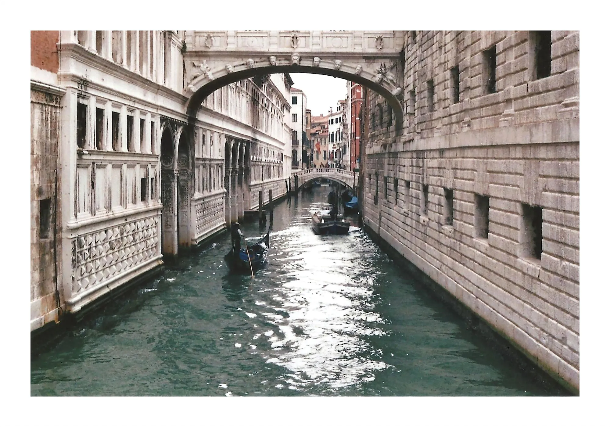 Bridge of Sighs and Venice canal with gondolas on film.