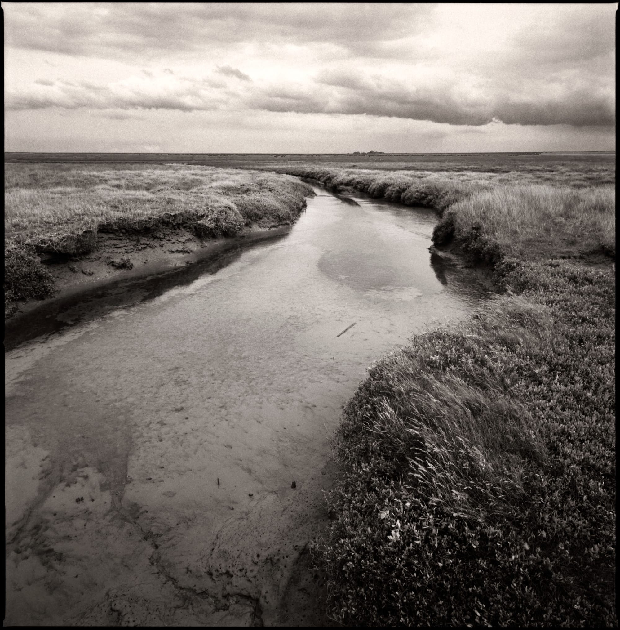 Tidal creek through coastal marshland under dramatic clouds on film.