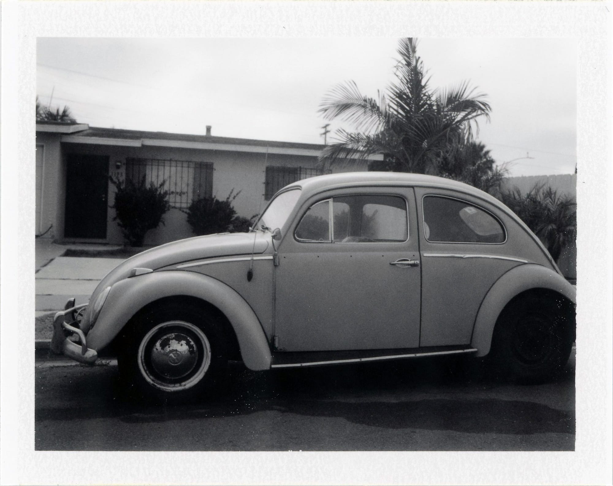 Classic Volkswagen Beetle parked in front of stucco house with palm trees and barred windows.
