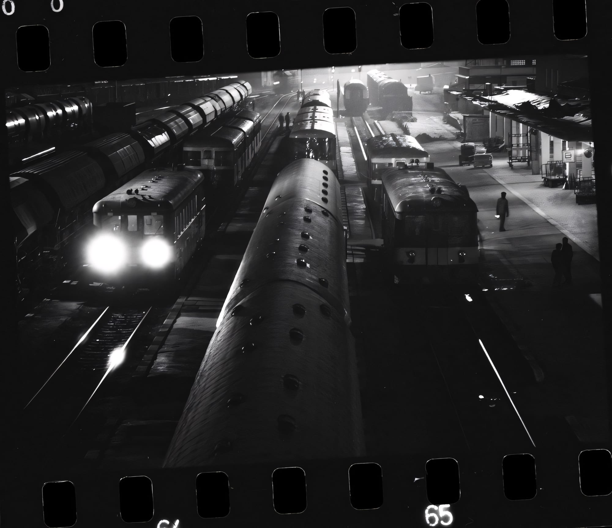 90s-era Central European train station with classic trains.