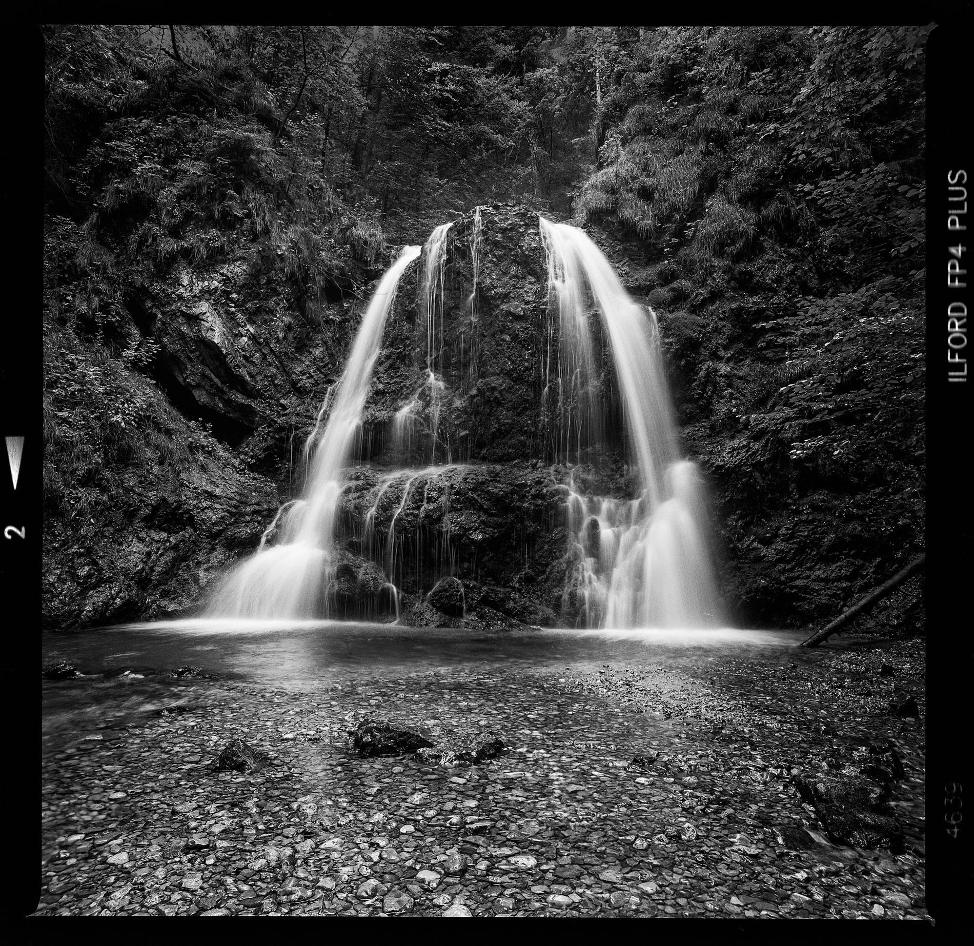 Black and white still of a waterfall cascading down, surrounded by lush forest.