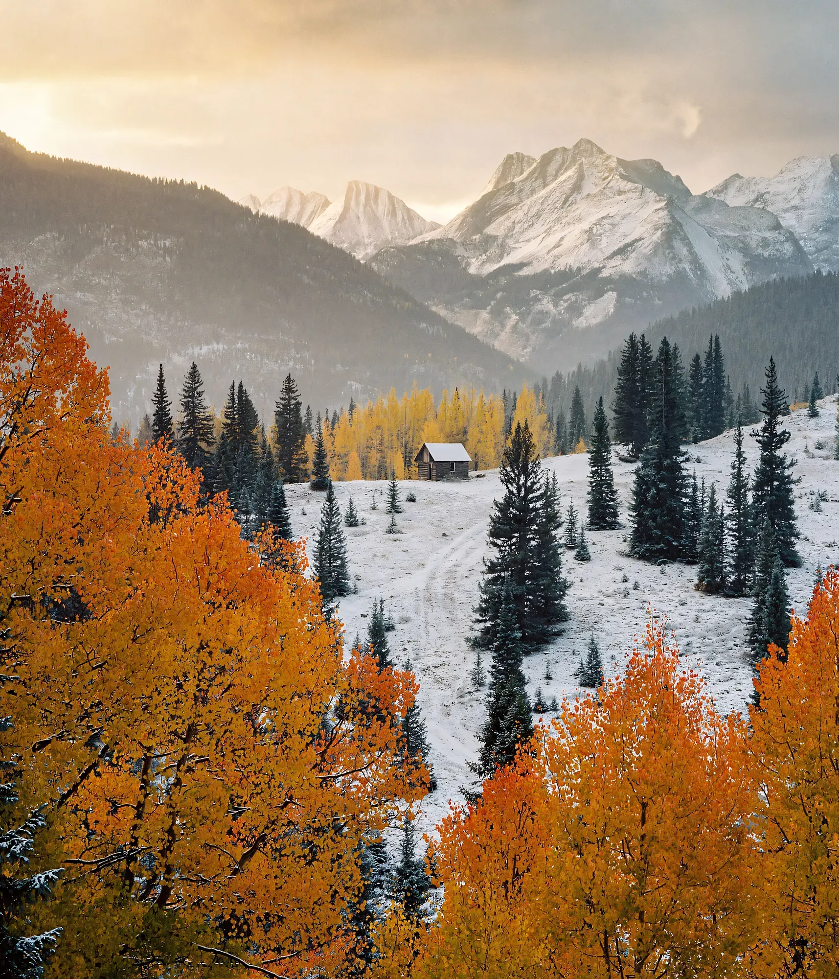 Small cabin on snowy hillside framed by golden aspen trees with jagged mountain peaks beyond.