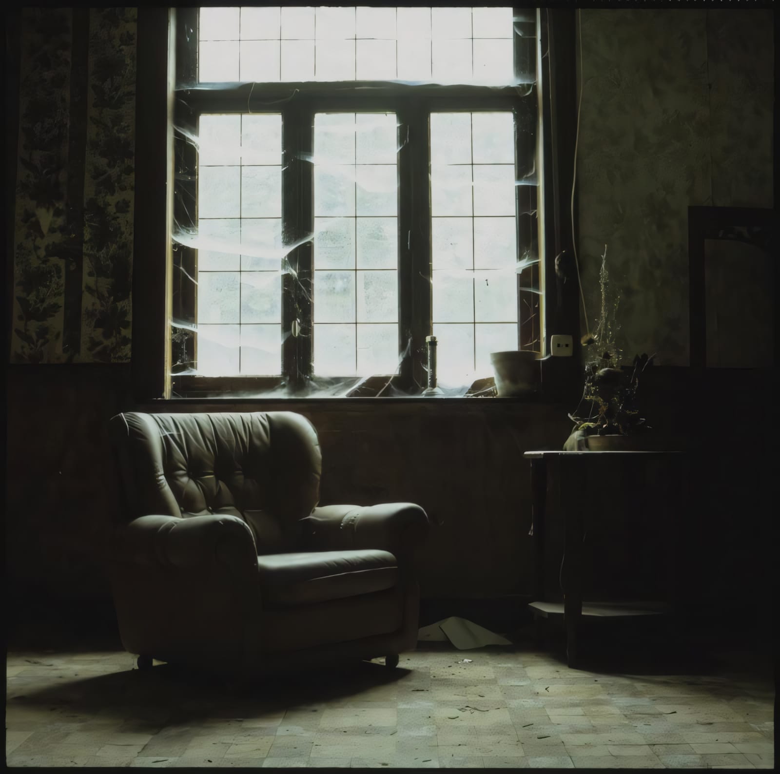 Dark interior room with tufted armchair silhouetted before bright window with torn curtains and potted plant on side table.