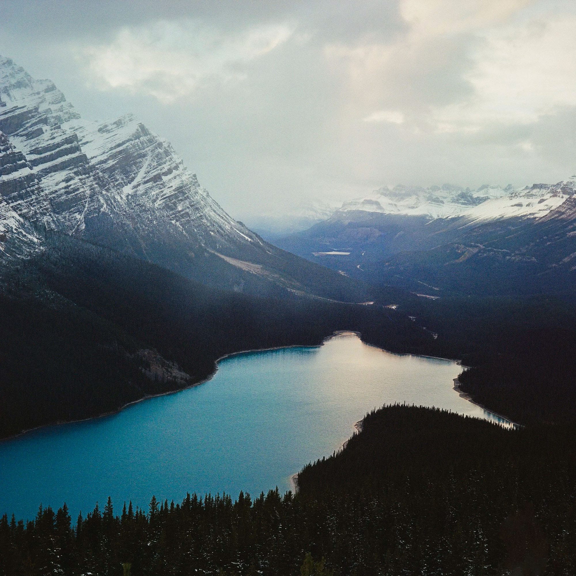 Payto Lake in Banff surrounded by snowy mountains.