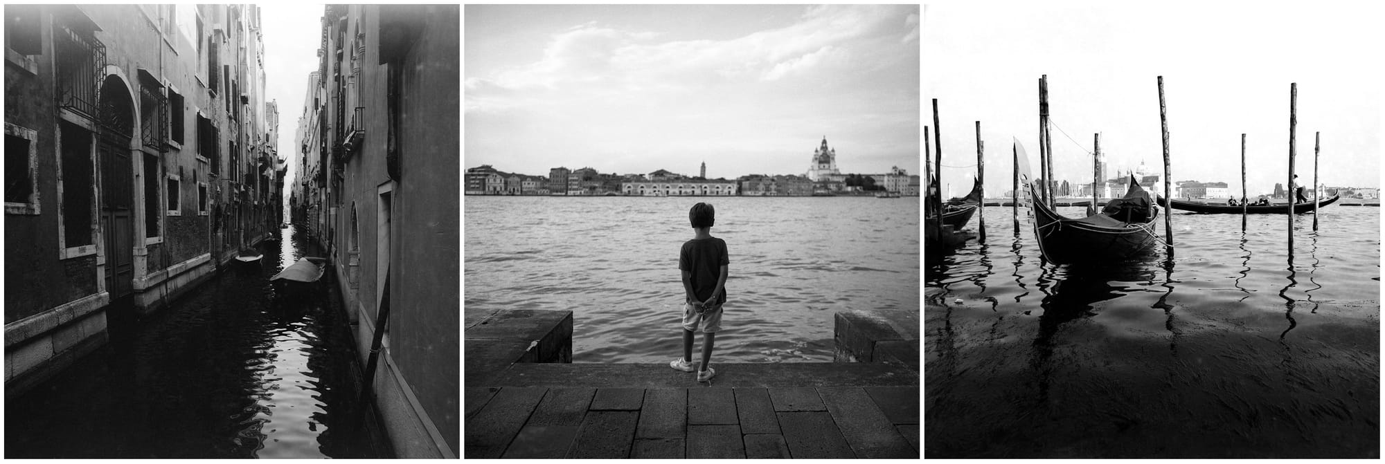 Three Venice scenes show canal, boy's silhouette and moored gondolas.