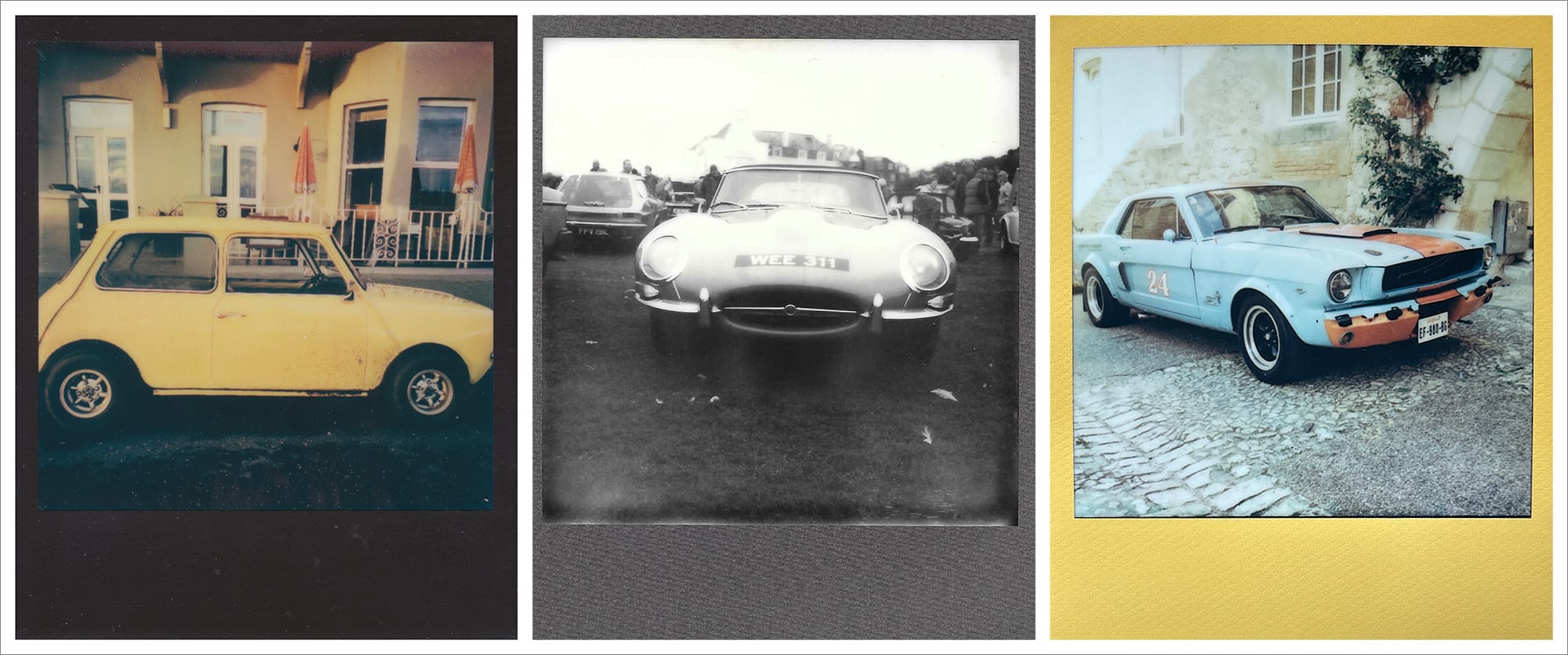 Three Polaroids showing yellow Mini Cooper, white Jaguar E-Type, and Gulf Racing Mustang.