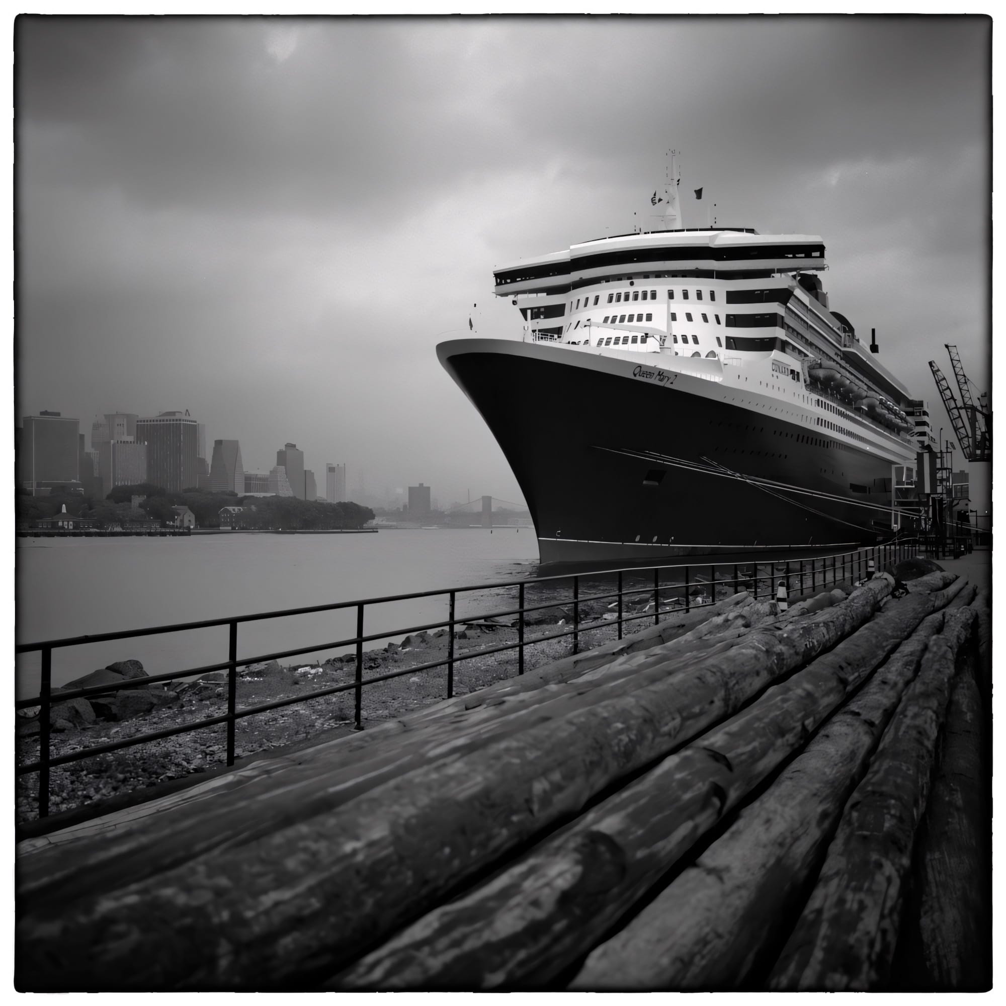 Black and white large cruise ship docked at harbor with city skyline in foggy background.