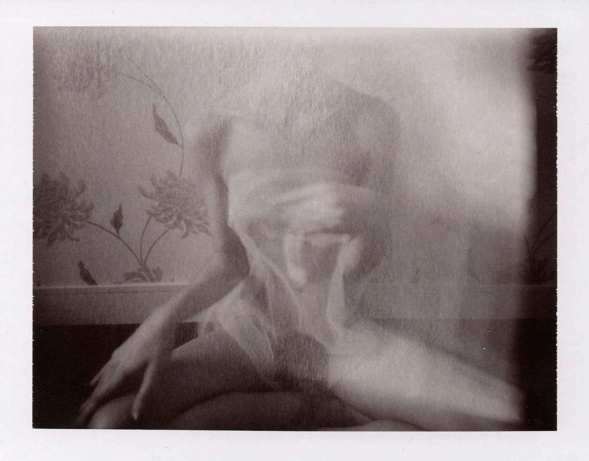 Soft focus anonymous figure with floral wallpaper visible on polaroid.
