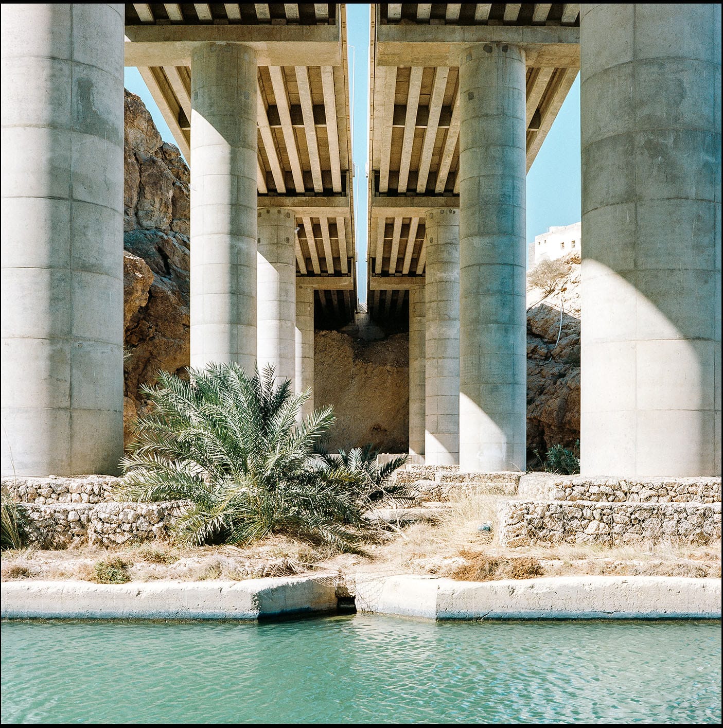 Concrete bridge pillars rising from turquoise water with palm tree and rocky terrain.
